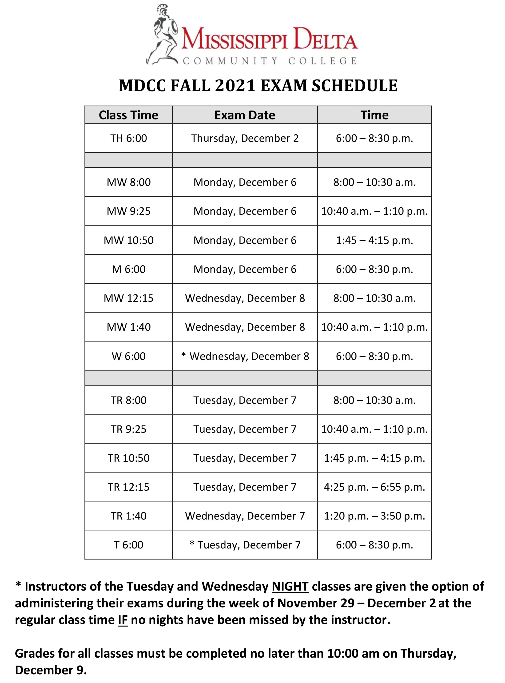 MDCC - 2021 Fall Exam Schedule